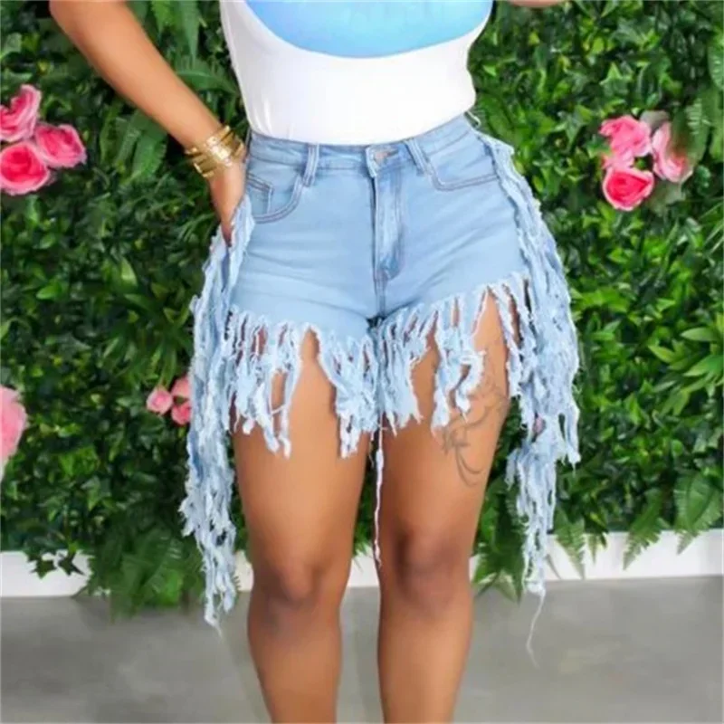 Fashion Tassel Splice Trouser Legs Denim Shorts Women High Waist Button Mini Jeans Female Casual Three Quarter Pants Streetwear