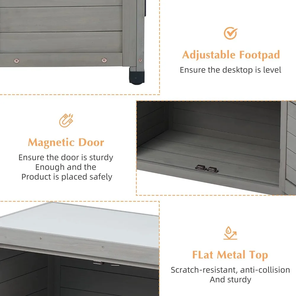 Outdoor Storage Cabinet & Potting Bench Table with Metal Top, Wooden Patio Furniture, Garden Workstation