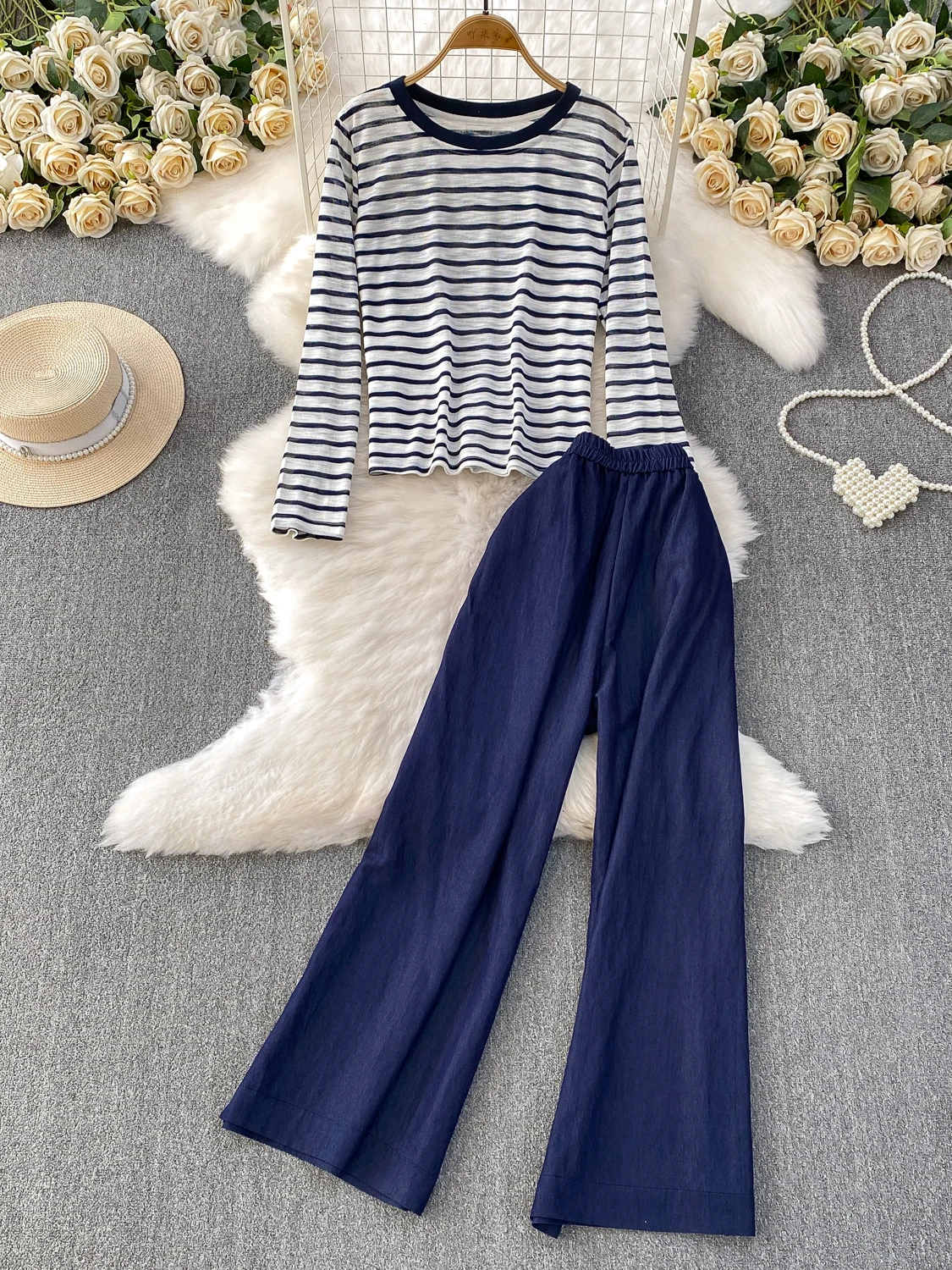 Faionable Koreaanse Sle Dames Gebreide Set Ronde Ne T-shirt En Hoge Taille Wijde Pijpen Broek Gestreept Casual Loose Fit pak