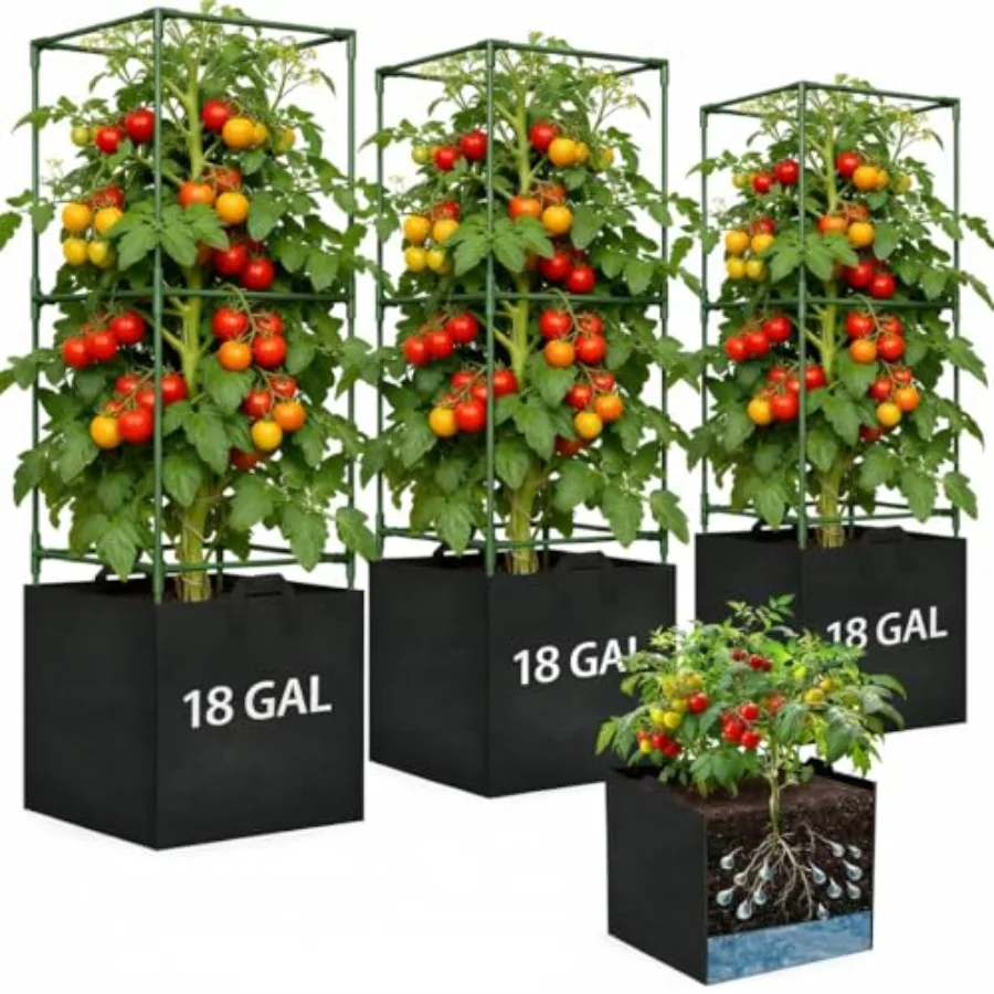 

Tomato Cages for Garden, Tomato Planter with Trellis, 48in Tall Square Tomato Trellis with 18 Gallon Grow Bags, Patio and Balco