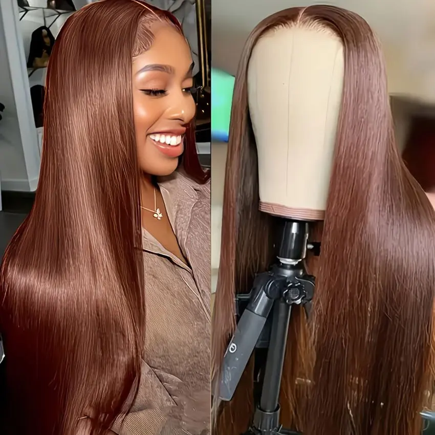 

36-дюймовый прямой парик из натуральных волос с HD-шнуровкой 13x6, шоколадно-коричневый, плотность 250%, прямые коричневые волосы # 4-цветная предварительно проработанная линия роста волос