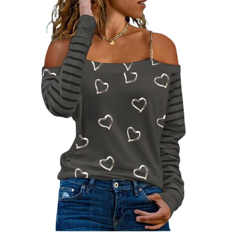 2023 Spring And Autumn Fashion Women'S Love Printed Long Sleeve Casual Strapless Halter Top Loose Bottoming Shirt Woman Tshirts