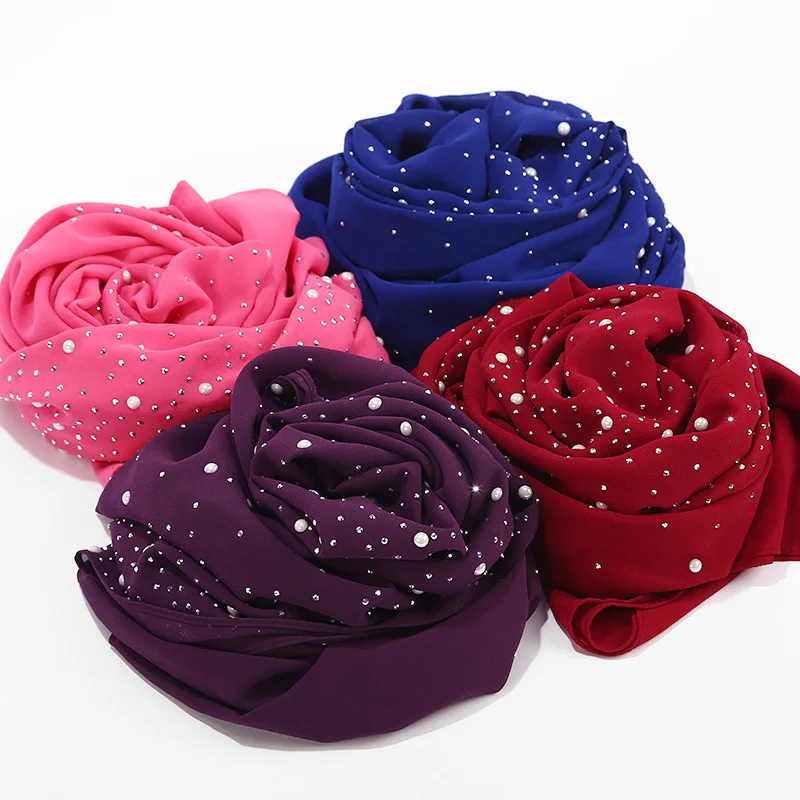 Women Plain Bubble Pearl Chiffon Scarf Head Hijab Wrap Solid Shawls Headband Foulard Femme Muslim Hijabs