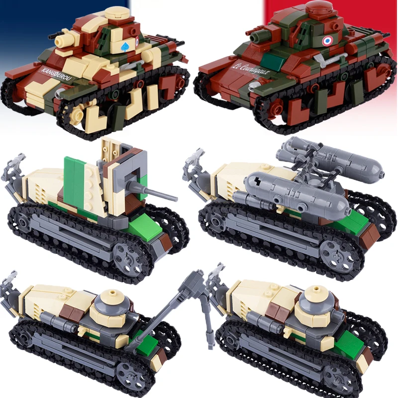 WW2 France Military R-35 Tank Truck Building Blocks FT-17 Car Army Soldier Figures Sticker Cannon Weapons Vehicle Brick Toy Gift