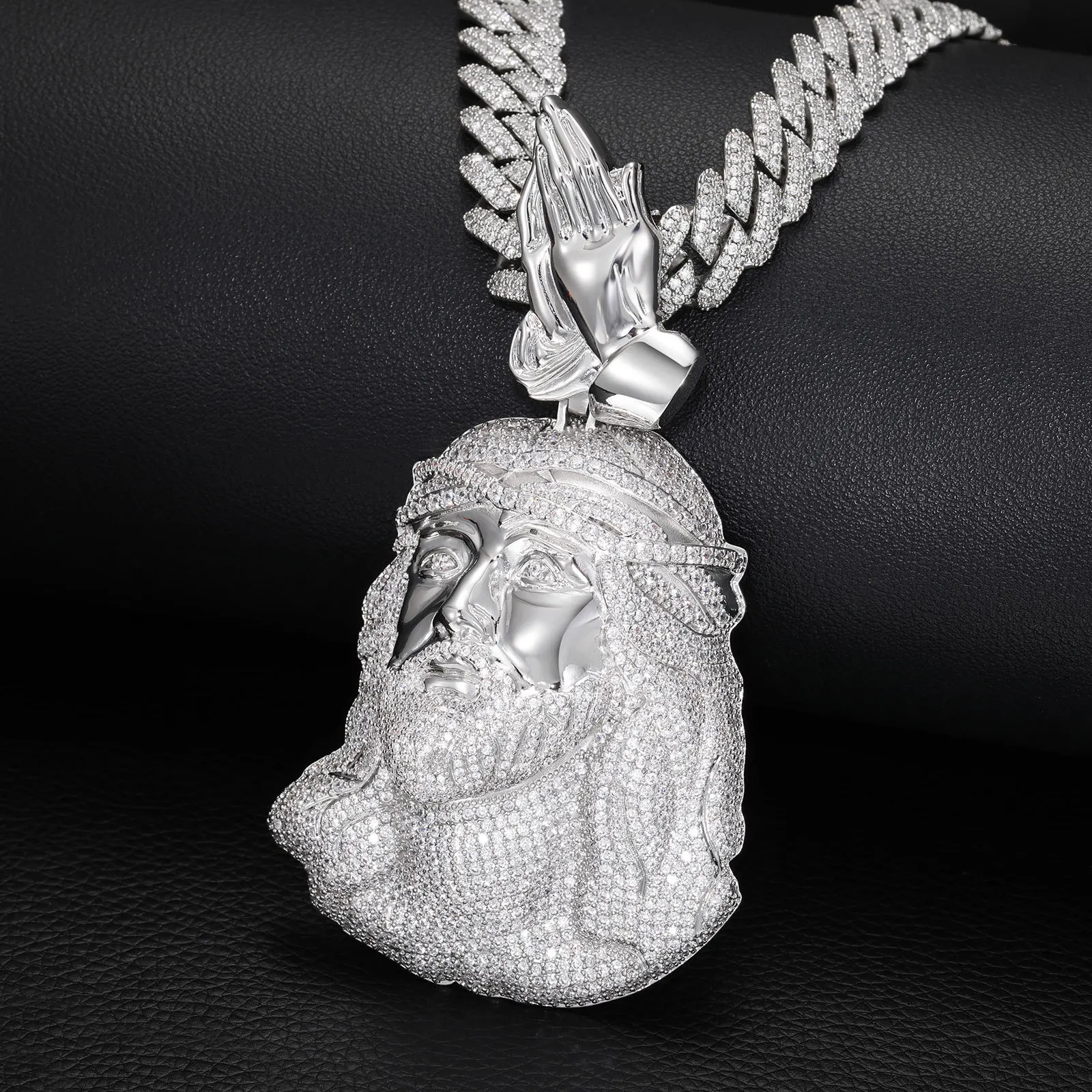 Iced Out Jesus Head Pendant Necklace Praying Hands Design Hip Hop Full Zircon Unisex Cuban Chain NightclubRapper Accessory pearl
