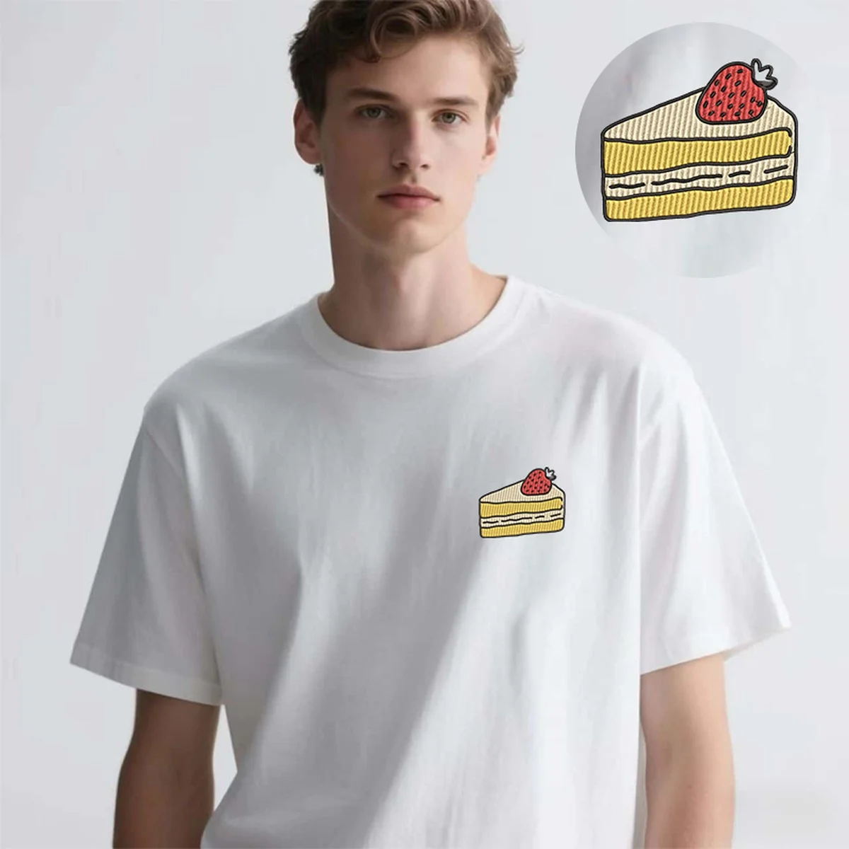 

Fluffy Cake Men & Women's Embroidered T-Shirts – Strawberry-Patterned Cotton T-Shirt with Premium Embroidery for Afternoon Teas