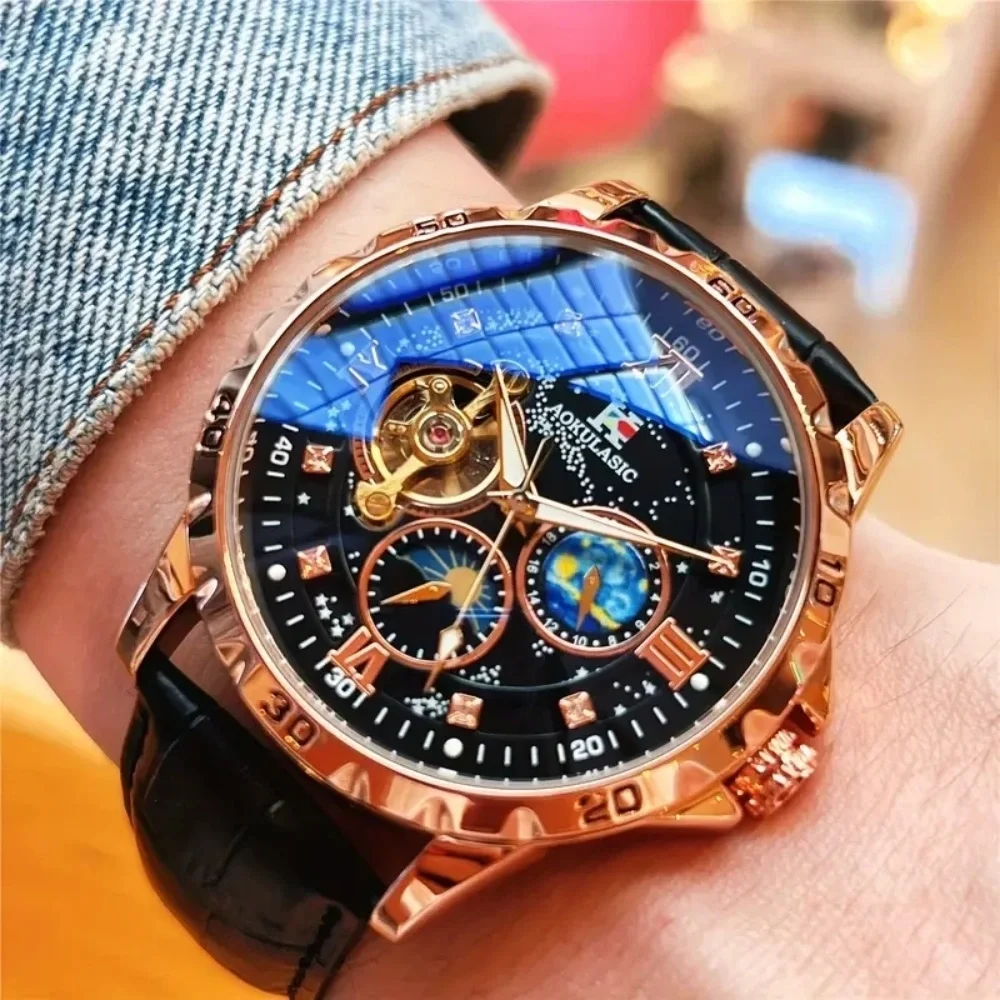 

Luxury Men's Automatic Mechanical Watch - Starry Sky Dial, Roman Numerals, Alloy Case - Multifunctional Business Men's Watch - Valentine's Day, Birthday, Anniversary Gift, Multifunctional Watch, Exquisite Watch, Fashion Accessory, Elegant Watch, Durable S