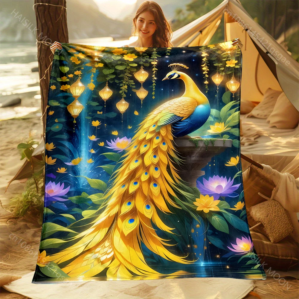 1PC Peacock with lush flowers Print Adult Children Warm Blankets Home Travel Car Soft and Comfortable Suitable for all seasons