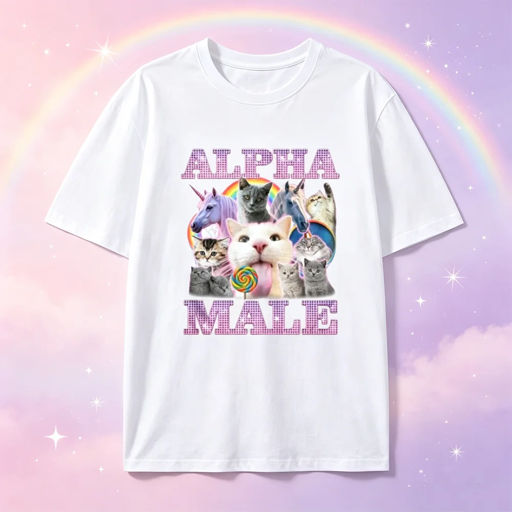 Alpha Male Ironic Meme T‑Shirt Cat Unicorn Rainbow Graphic Tee Men Women Vintage Short Sleeve Funny Y2K Streetwear Casual Shirt