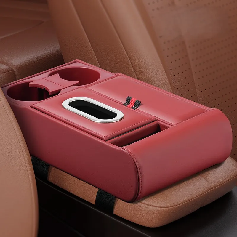 

Car Interior Leather Armrest Organizer with Dual Cup Holders Phone Storage Slot and Tissue Box for Convenient Travel Experience