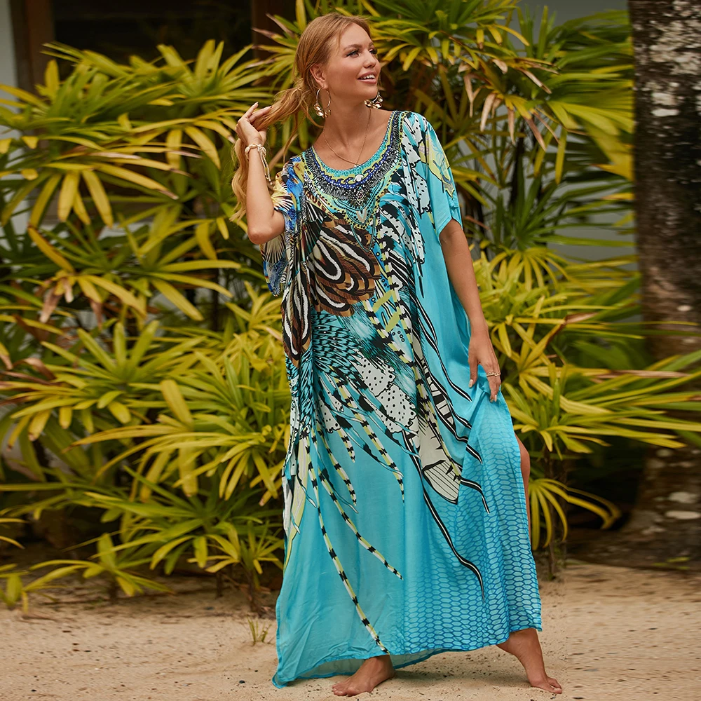 

Boho Ethnic Feather & Tiger Striped Kaftan Dress for Women, V-Neck Batwing Sleeve Oversized Caftan, Vintage Tribal Geometric Pri
