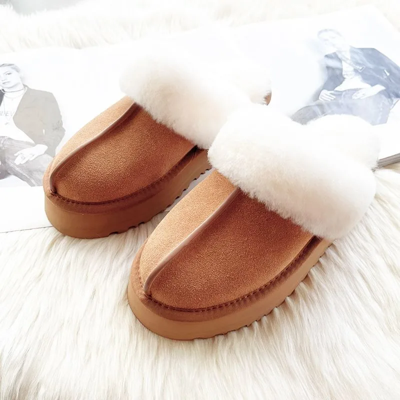 natural Wool slippers women winter platfrom outdoor and home slipper non-slip thick bottom sheepskin shoes