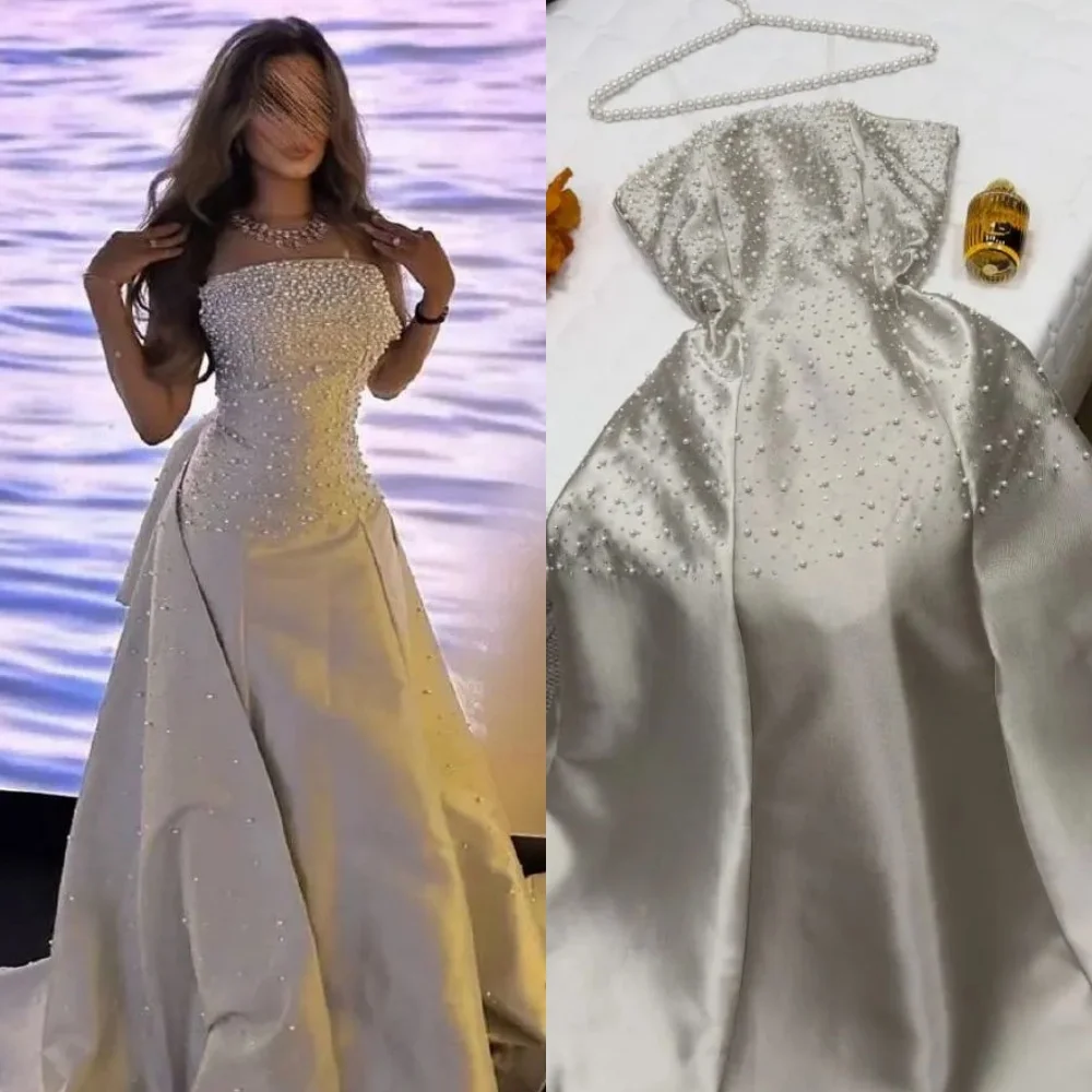 Personalizado estilo moderno perla escalonado lentejuelas plisado acanalado A-line vestidos largos sin tirantes vestidos de noche clásico exquisito