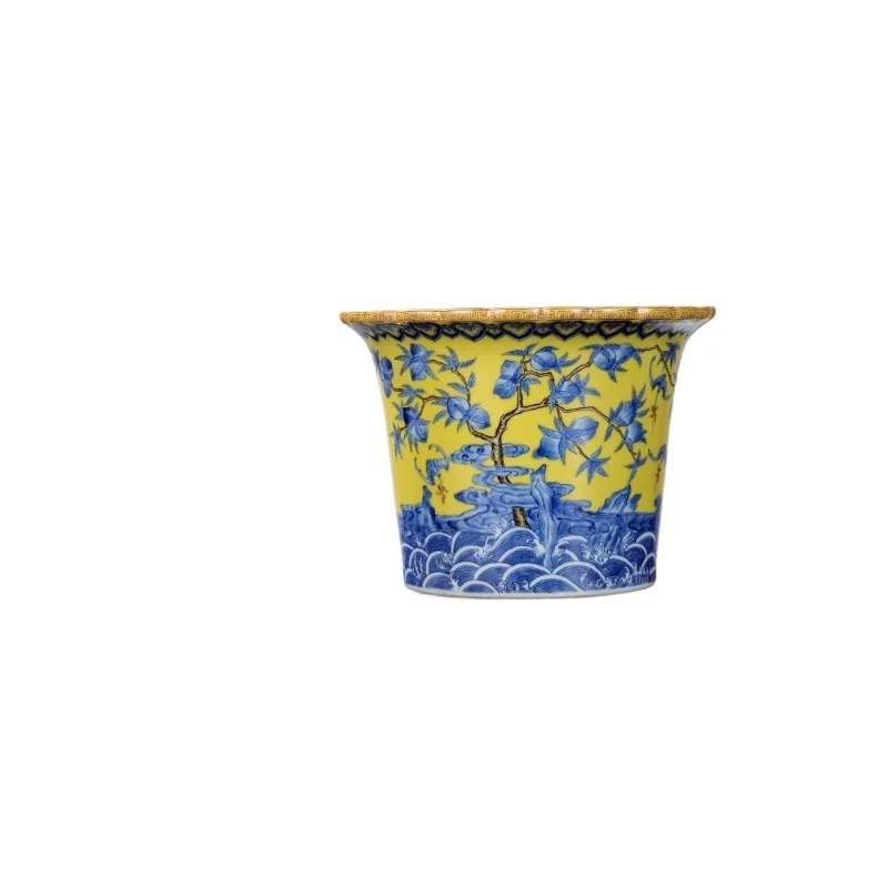 

Ceramic yellow ground blue and white ornaments, Chinese handmade antique living room collection decoration