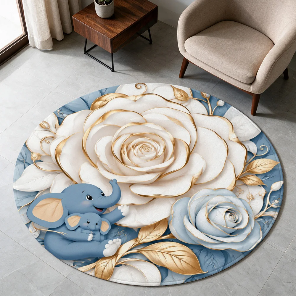 Cute Elephant and Floral Design Round Area Rug for Nursery Kids Playroom Boho Chic Home Decor Mat