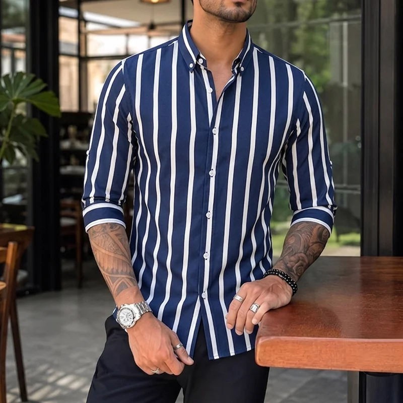 

Men's Casual Striped Button-Up Shirt Comfortable Breathable Classic Vertical Striped Three Quarter Length Sleeve Collared Shirts