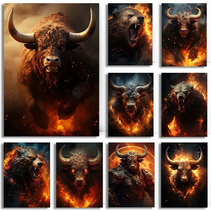 Angry Bull and Bear Posters Prints Fire Bull Head on The Canvas Painting Wall Art Pictures for Nordic Living Room Home Decor