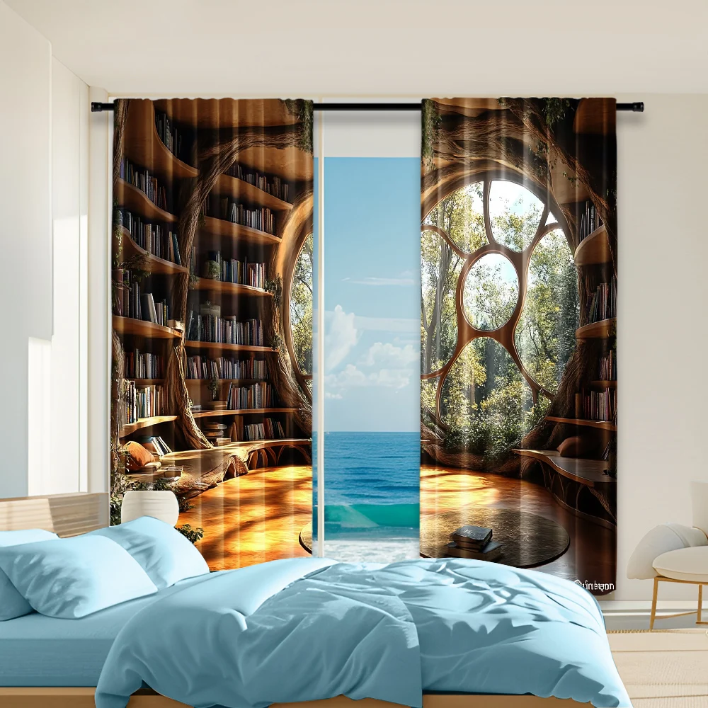 2 pcs, versatile polyester transparent curtains for home decoration Enchanting Vintage Library for use in bedrooms and living