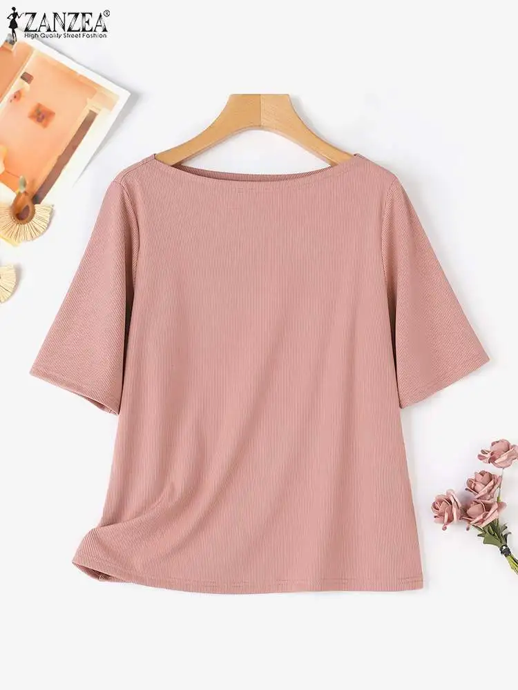 ZANZEA Women Solid T-shirts Casual Loose Boat Neck Tee Shirt 2024 Summer Texture Fabric Tops Holiday Short Sleeve Simple Tunics