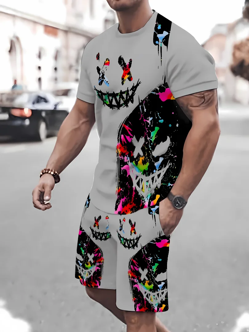 

Men's New Fashion T-shirt, Round-neck Hip-hop Print, Breathable, Quick-drying, Short Sleeve And Shorts Set