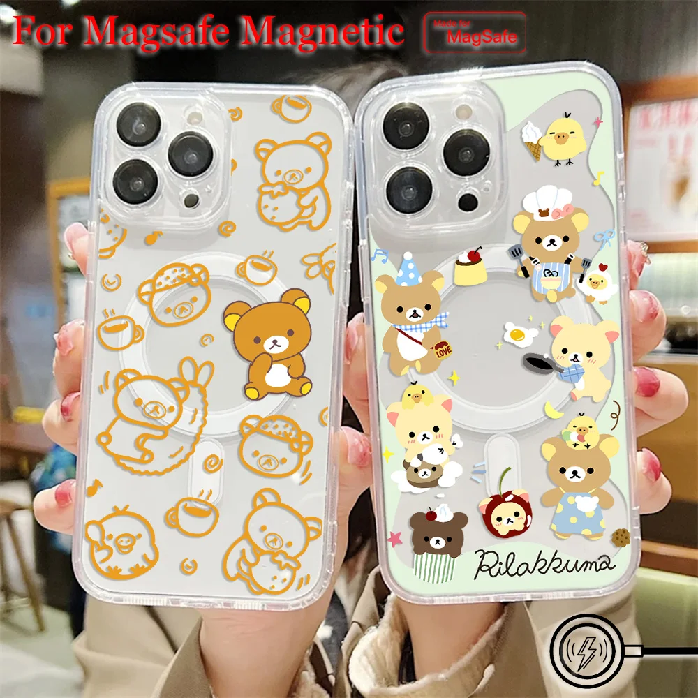 Cute Cartoon RilakkumaS Magsafe Magnetic Phone Case for iPhone 16 15 14 13 12 11 8 7 Plus Pro Max XR XSMax Soft Clear Tpu Cover