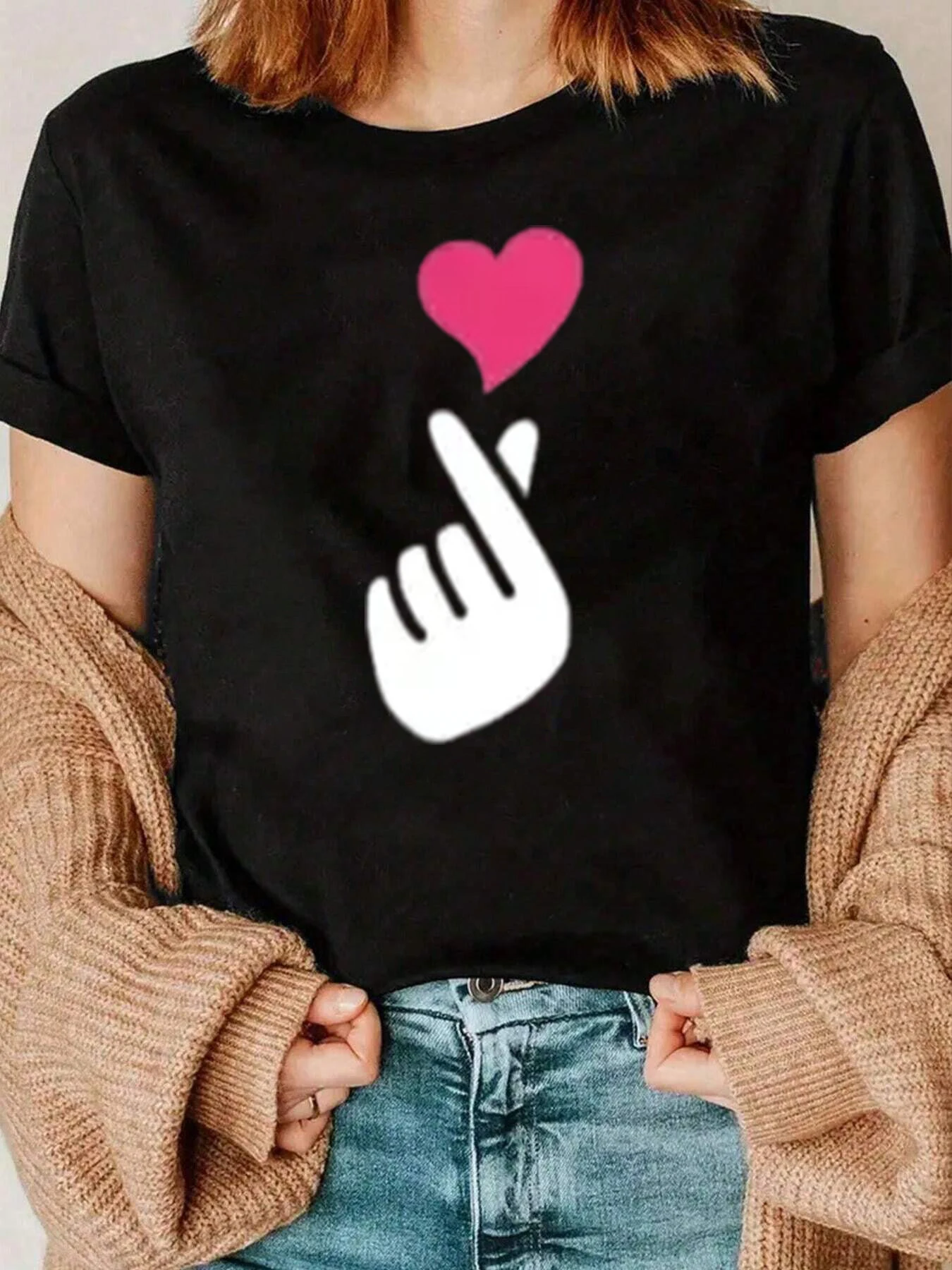 Camiseta con estampado de corazón a mano, ropa informal para mujer, 220g