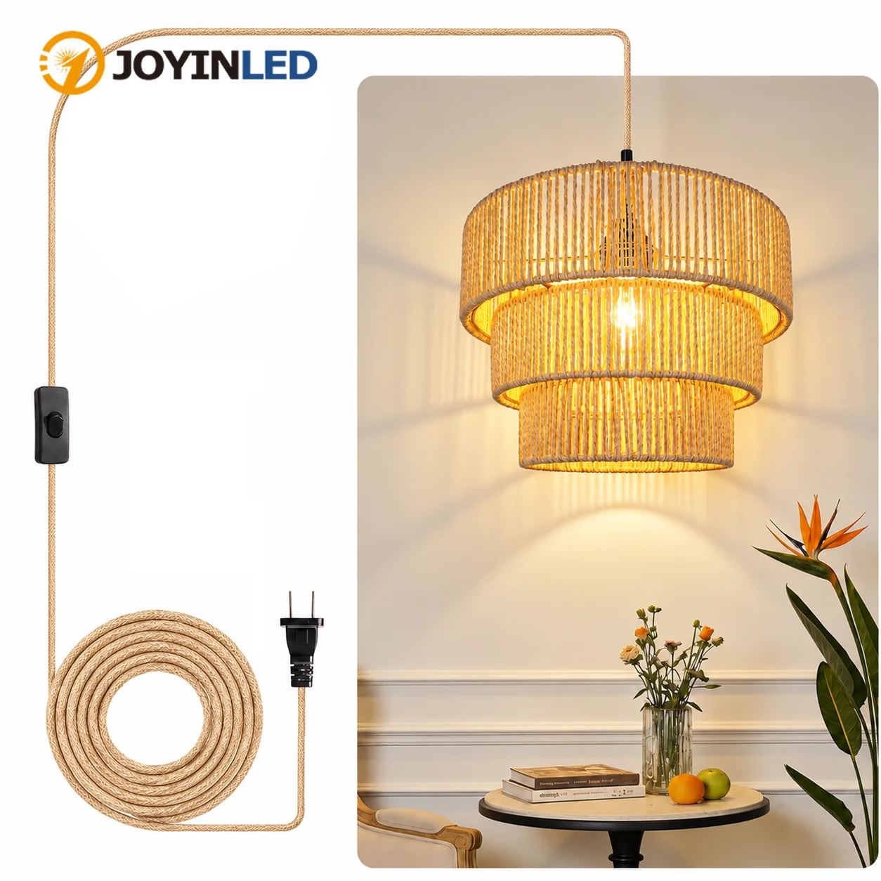 JOYINLED Rattan Chandelier 32CM Plug-in Pendant Light with 4.5M Cord ON/OFF Switch for Living Room Bedroom Kitchen EU US Plug