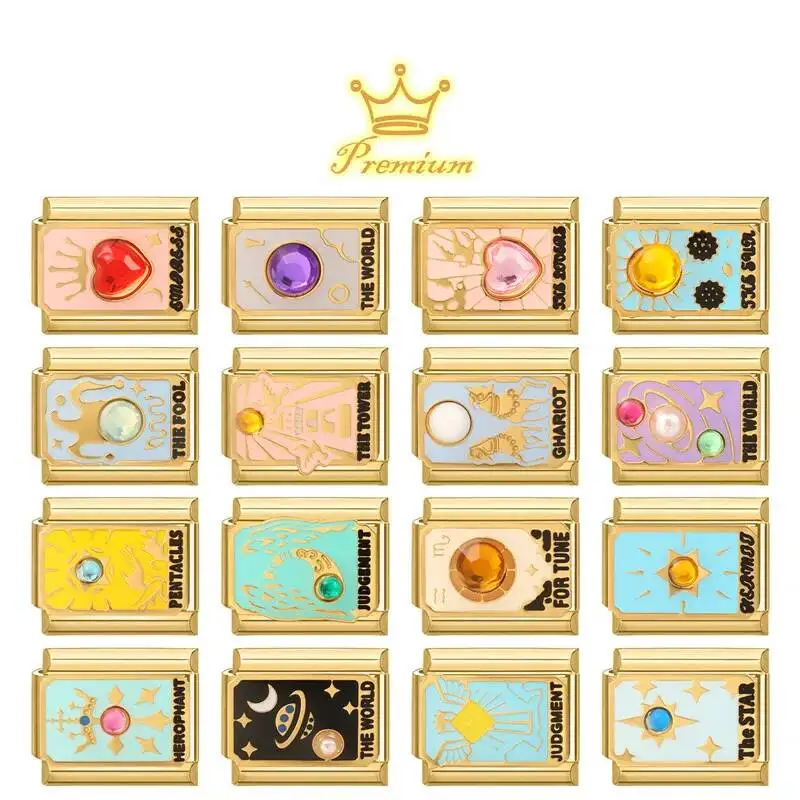 Original Golden Tarot Cards Zircon Italian Charm Bracelet Stainless Steel Women Jewelry DIY Making Gifts Drop Shipping