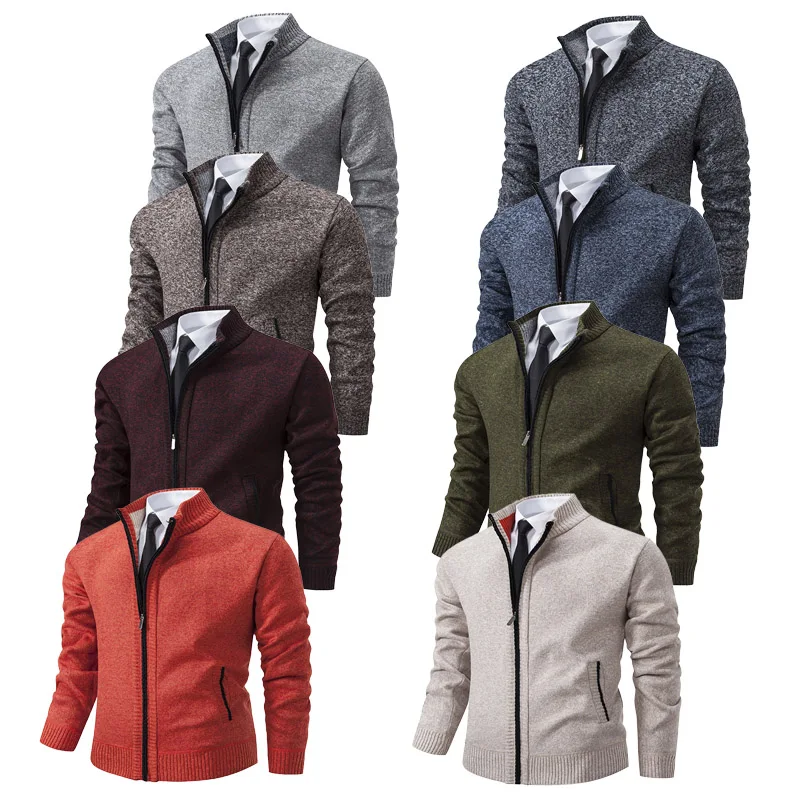 

2025 зимний повседневный свитер с воротником-стойкой и длинными рукавами на молнии для мужчин, многоцветный теплый мужской кардиган/трикотаж в рубчик, европейский размер