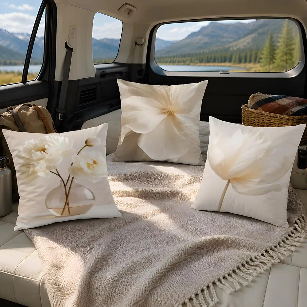 Minimal White Flower Closeup Cushion Cover Plush Fabric Soft Double-Sided Printed Sofa Warm Winter Home Gift Pillow Cover