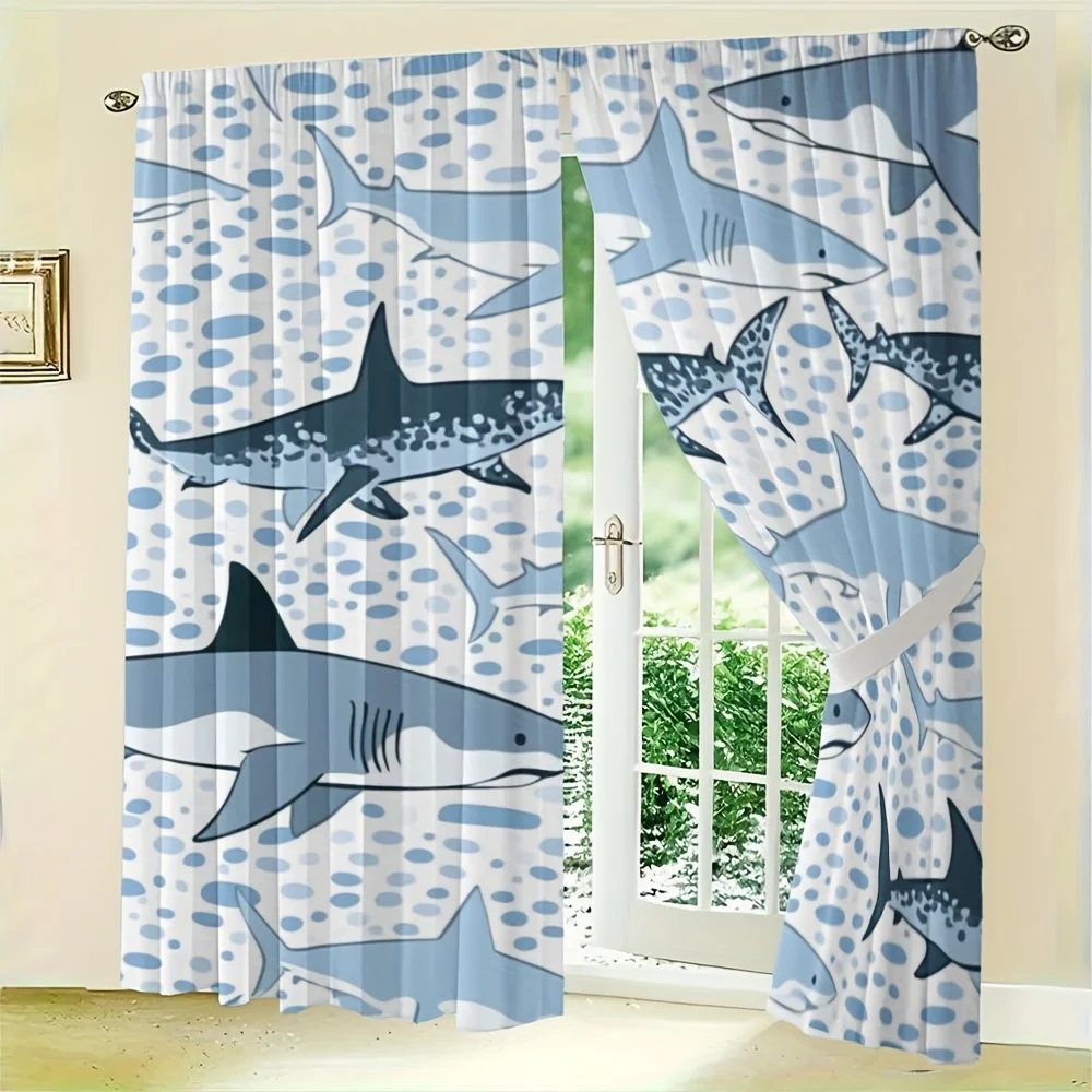 2PC Blue Shark Print Nautical Ocean Style Window Curtain Panel for Bathroom Bedroom or Living Room Decor Marine Life Shower Curt