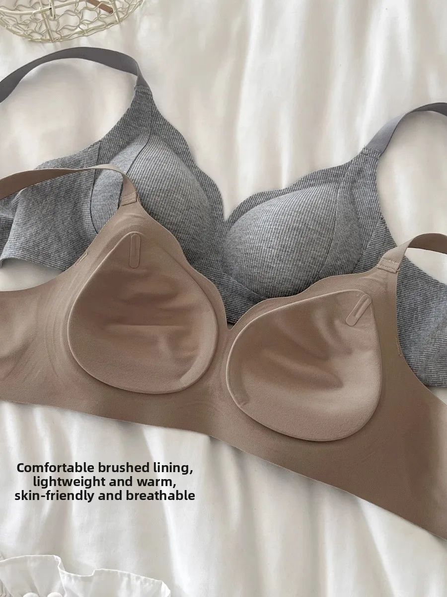 Soft Support Seamless Brushed Women's Bra No Steel Ring Anti-Sagging Gathered Underwear Home Clothes V-Neck Three Rows of Buc...