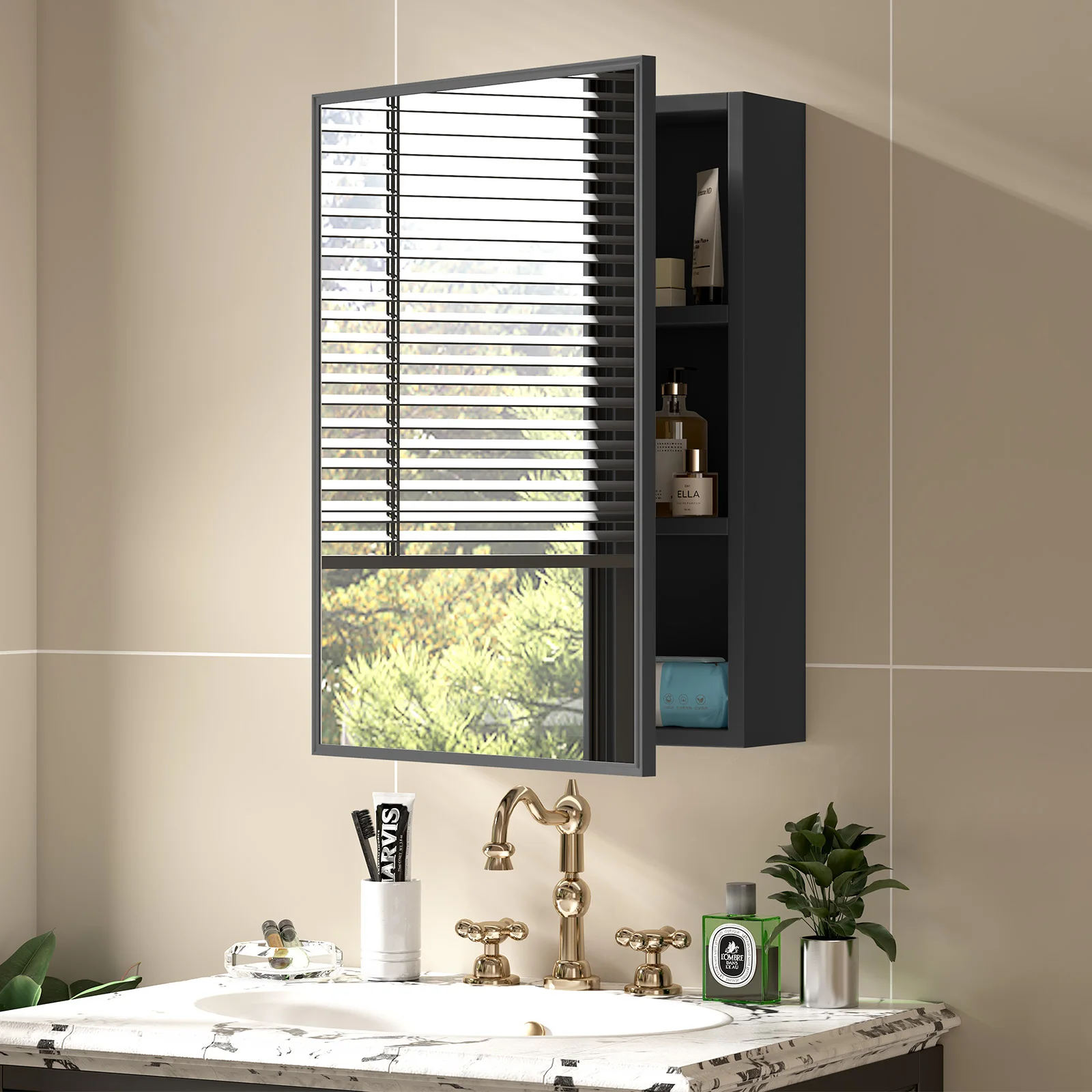 خزانة طبية للحمام باللون الأسود مع خزانة مرآة مثبتة على الحائط مقاس 16 بوصة × 22 بوصة #1