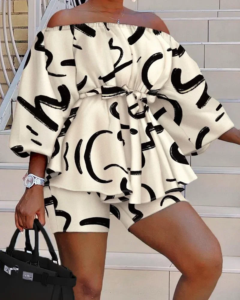 

Women Shorts Set Abstract Print Off Shoulder Belted Top & Y2k Two Piece Set Summer Print Shorts Set Matching Sets Ruffle Maxi