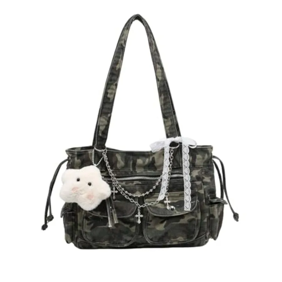 

WDIRARA Women's Camo Pattern Tote Bags Multi Pockets Shoulder Bag Y2k Handbag