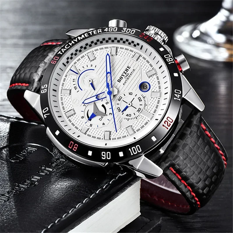 BOYZHE Casual Leather Strap Men\'s Automatic Mecanical Watch Multifunction Display Waterproof Sport Watches reloj hombre