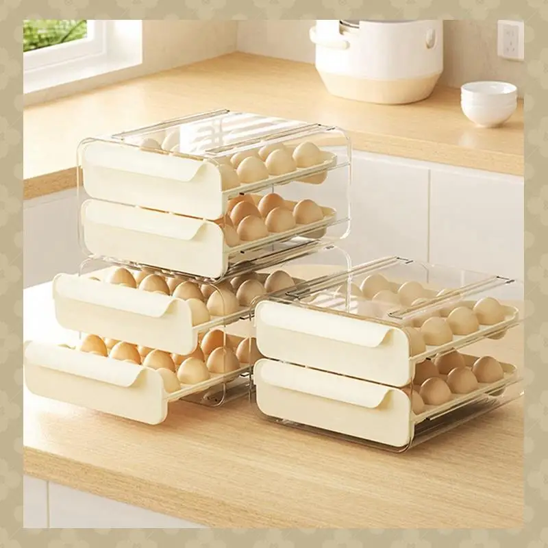 

AB45 1Set 2 Tier 32 Drawer Egg Storage Box Plastic Kitchen Refrigerator Container Organizer Egg Tray Tray PP+PET