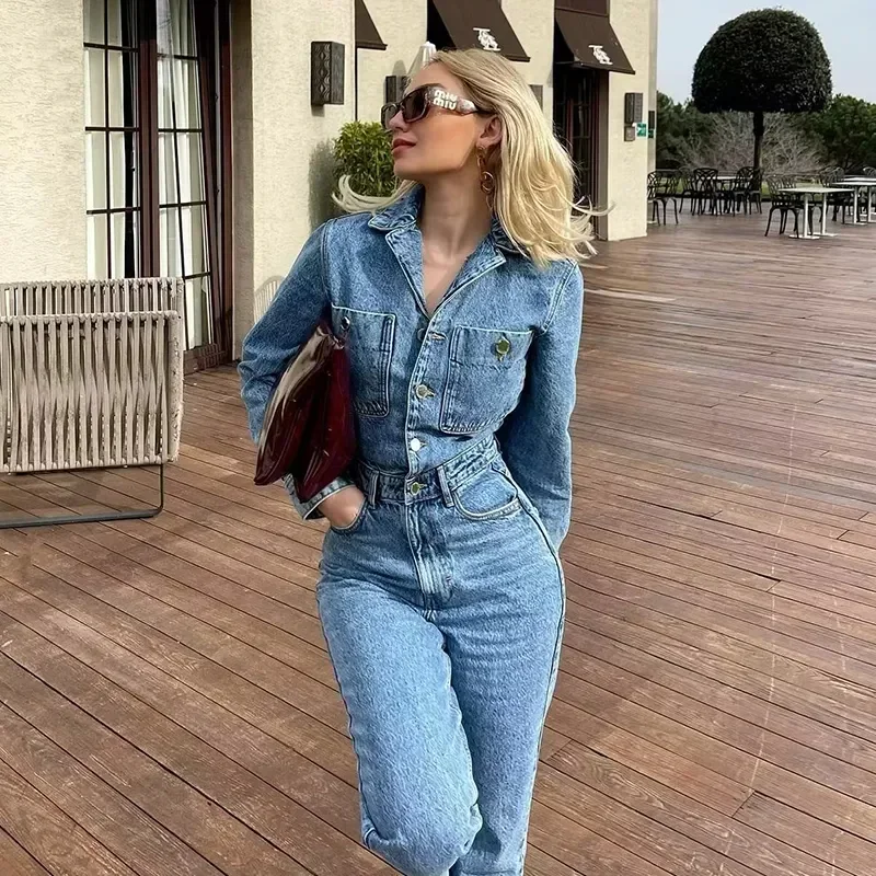

Elegant Jumpsuits Streetwear Turn Down Collar Autumn Denim Jumpsuit for Women Overalls Woman Jean Overalls Long Sleeve