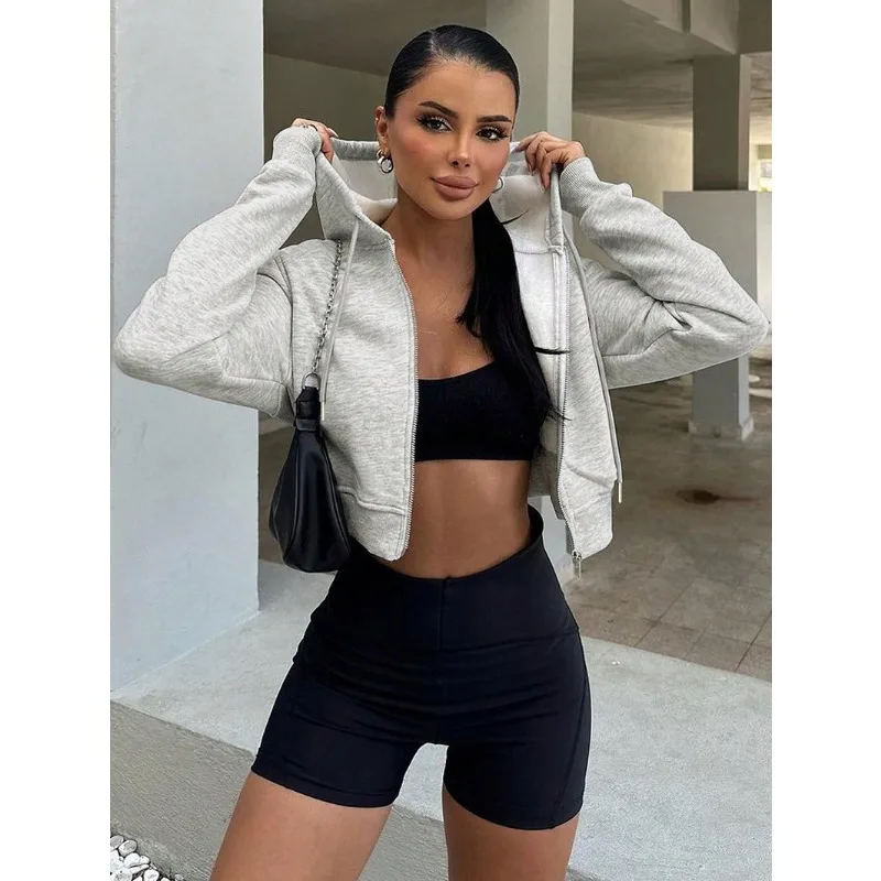 Women's Long Sleeve Hooded Zipper Cardigan Cropped Sweatshirt Casual Versatile Apparel European and American  Hoodies Women