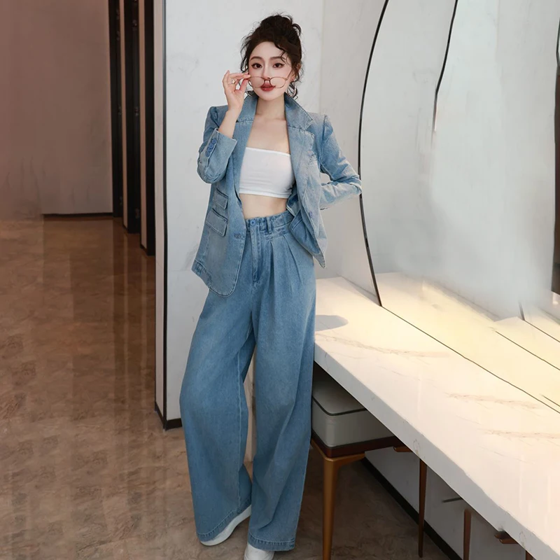 

Женский осенний новый модный повседневный пиджак в джинсовом стиле + широкие брюки с высокой талией, простой комплект из двух предметов для поездок на работу