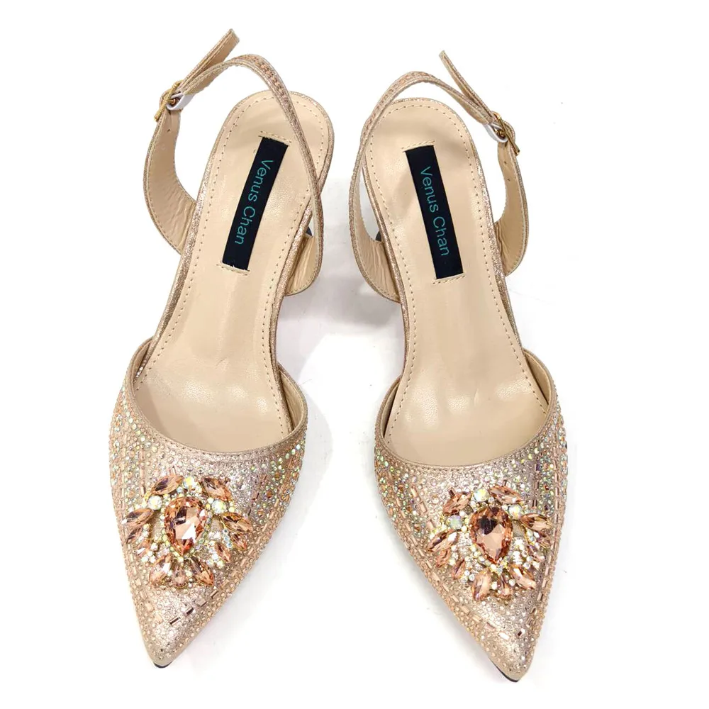 New Italian Design Faux Champagne Texture Shoes And Bags Rhinestones Embellished Pointed Toe High Heels Fine Handbags