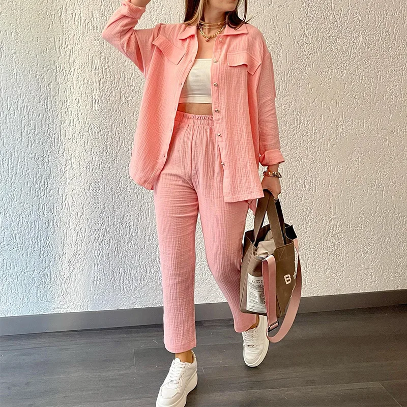 summer outfits for women 2024 New Loose Button Long Sleeve Shirt and Cropped Pants Casual Sports Summer women\'s suit Pants Set