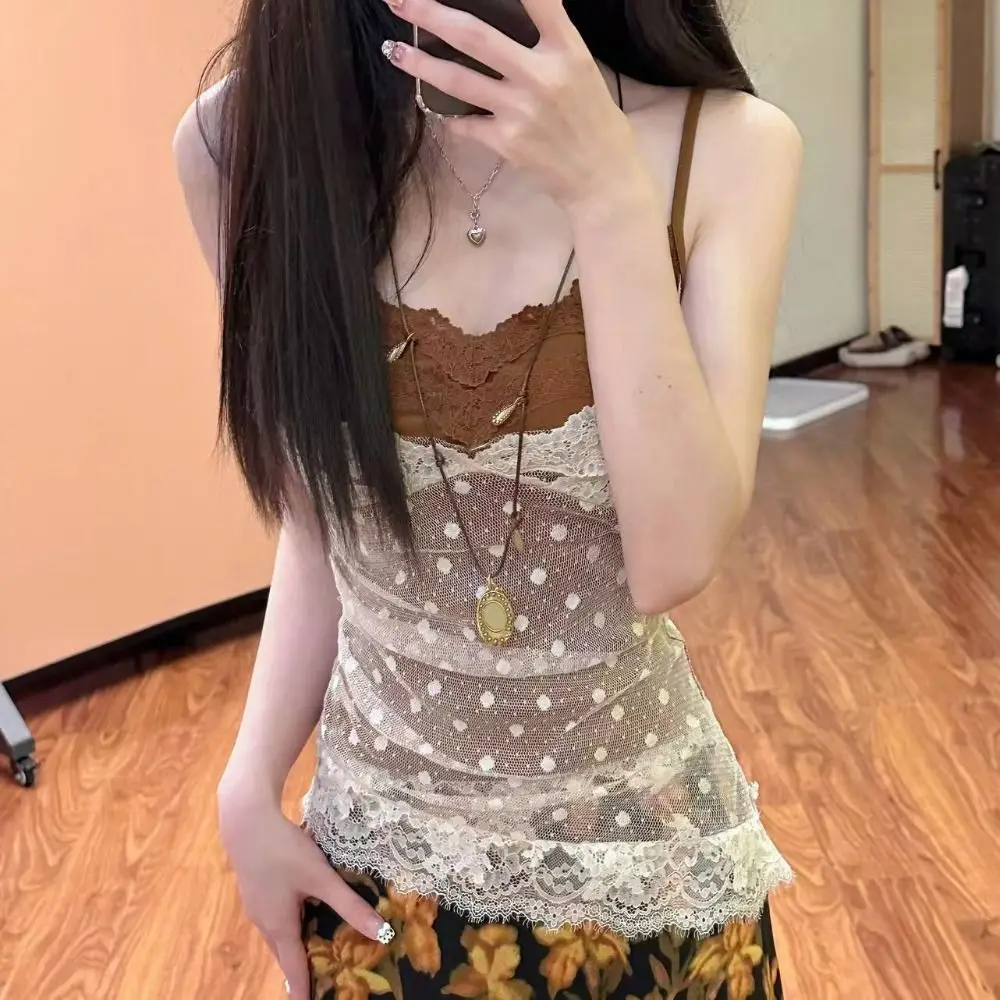

Lace Dots Fake Two Pieces Camisole Tank Top Slim Fit Sweet Girl's Tank Top Wrapped Chest Bra Elastic Lace Slim Crop Top Female