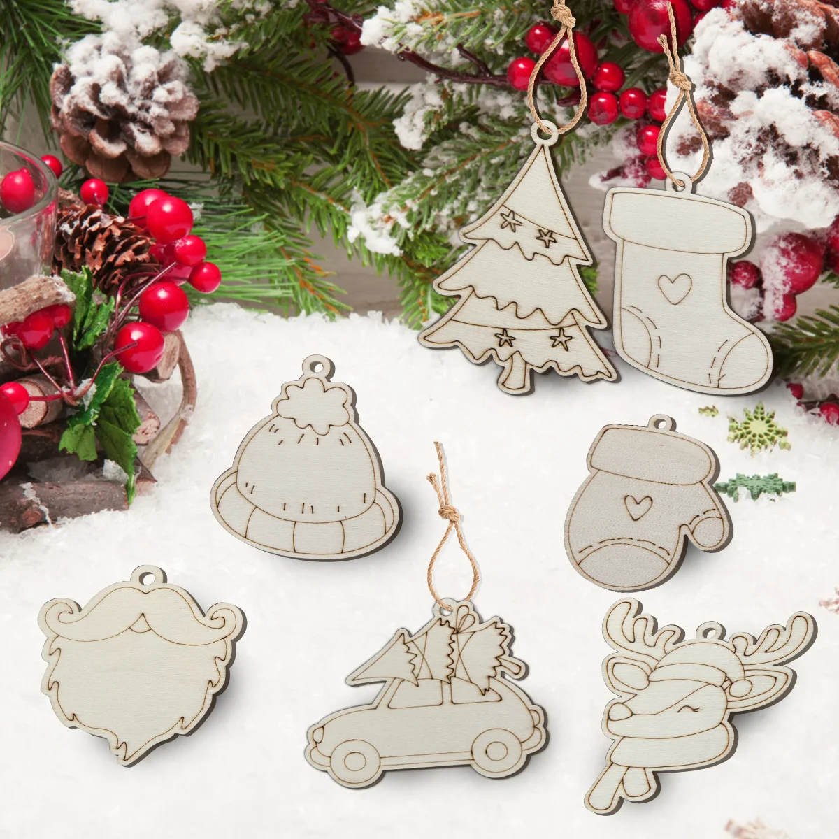 8Pcs Christmas Deer Cart Hat Wooden Ornament Xmas Tree Hanging Pendant For Navidad Party Decor Noel DIY Painting Gifts Supplies