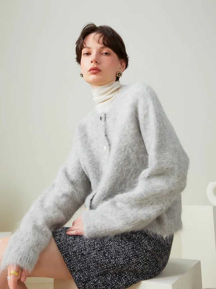 SuyaDream, Women Cardigans, 78%Alpaca, O Neck, Single breasted Solid Sweaters, 2023 Fall Winter Warm Jackets, White, Grey, Pink