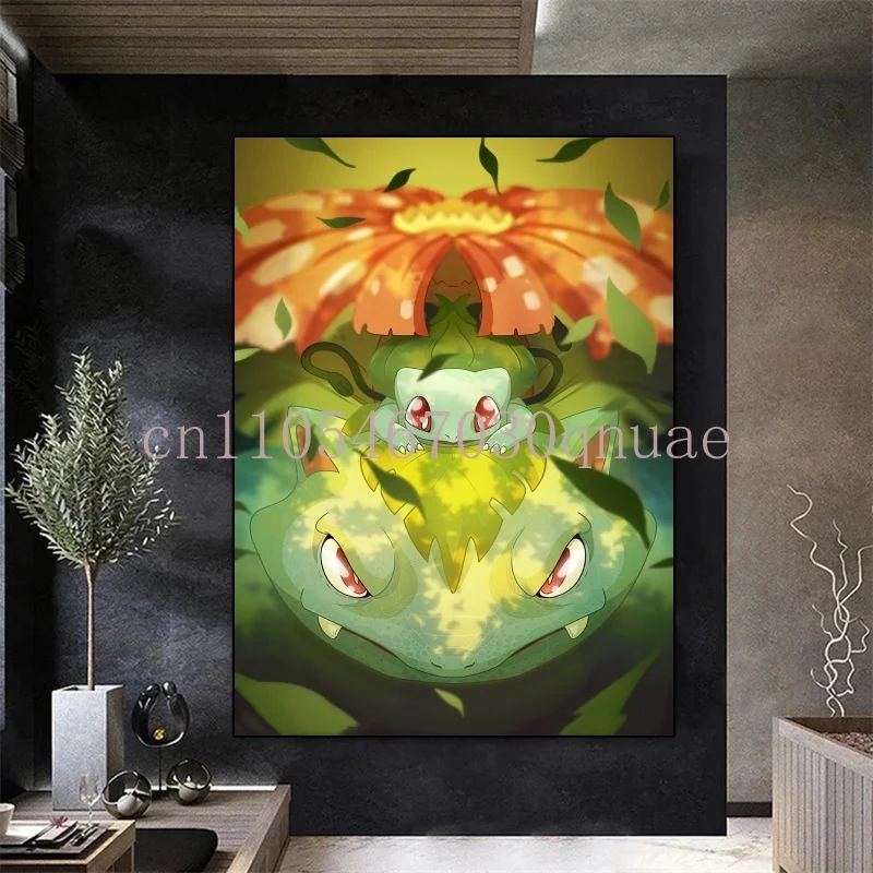 Kanvas Pokemon Anime Periferal Bulbasaur Poster Gambar Seni Cat Air Lukisan Kanvas untuk Hadiah Dekorasi Dinding Kamar Tidur Anak-anak