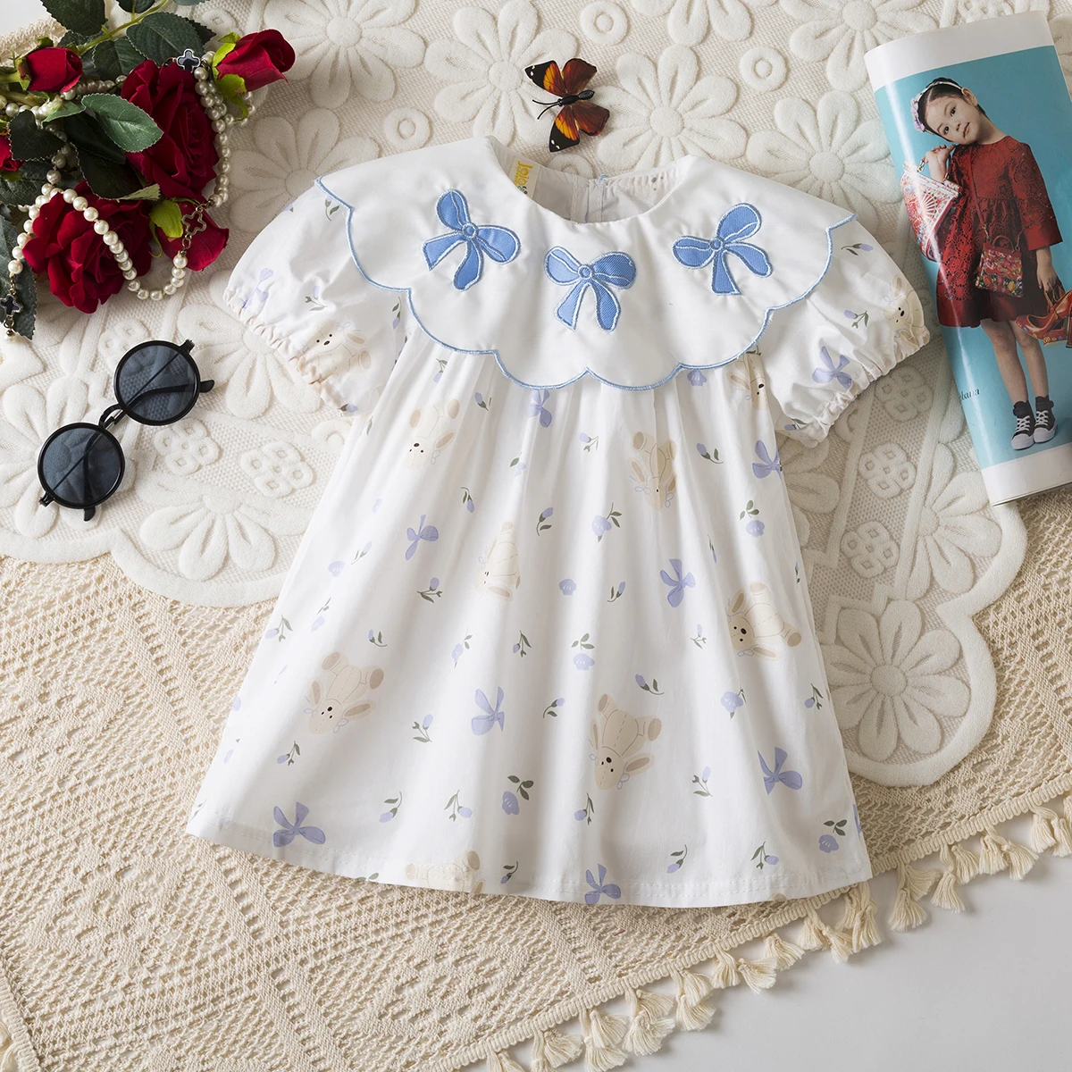 Baby Dresses Summer Bow And Cartoon Bear Pattern Doll Neck Bubble Sleeve Casual Girls Dress Cute Everyday Girl Kid's Dress ﻿
