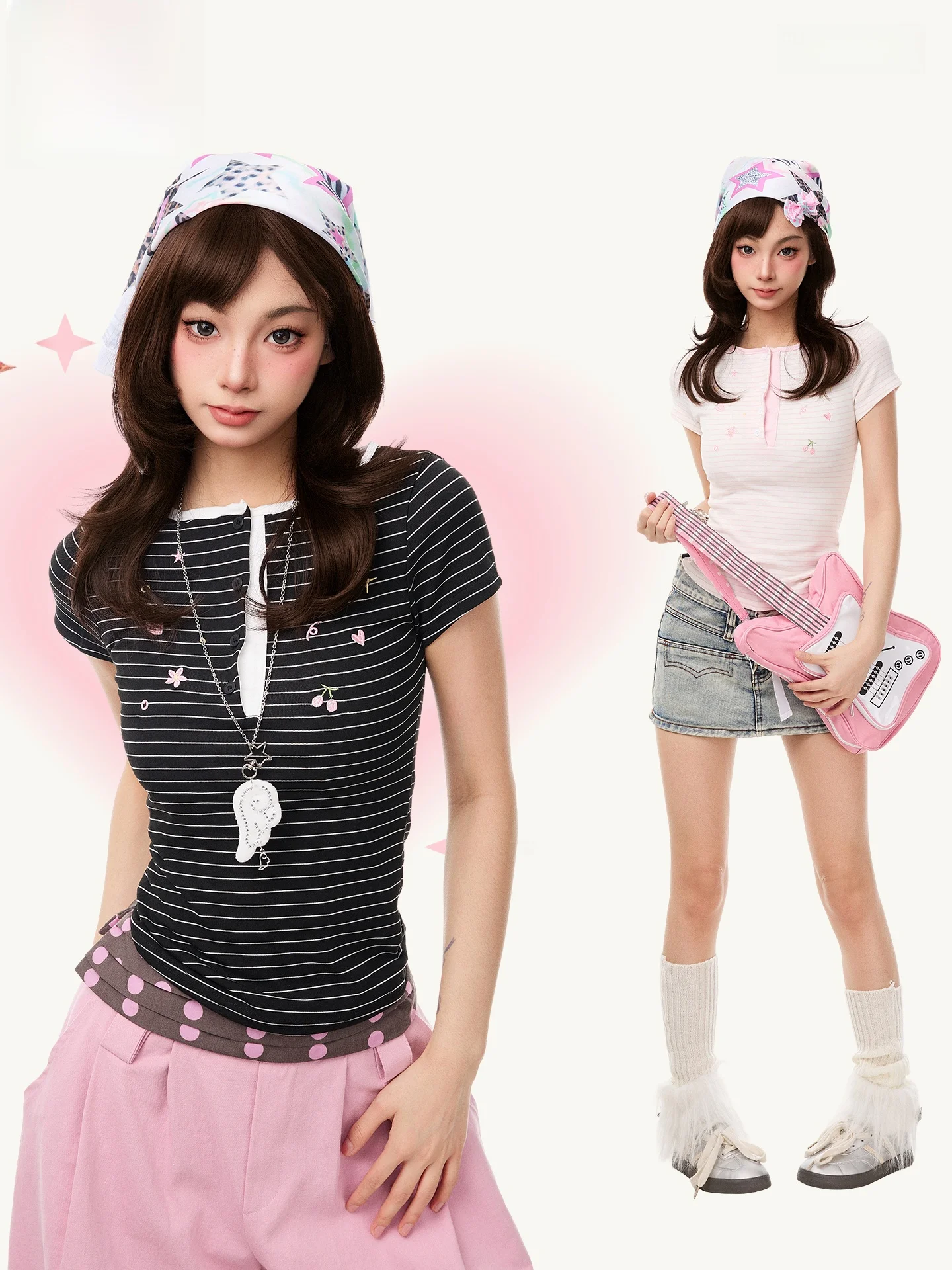

PBB Sweet Style Short Sleeve T-Shirt Women's Youthful Slim Fit Striped Embroidery Top Summer Casual Wear Straight Cut Model