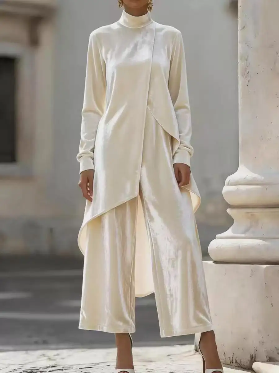 Velvet Stand-Collar Long-Sleeve Asymmetric Two-Piece Long Outfit, Elegant Luxury Women’s Set