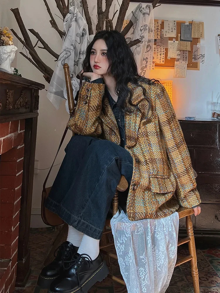 سترات نسائية كلاسيكية منقوشة للخريف ملابس خروج فضفاضة غير رسمية سترة Y2K كورية أنيقة للمكتب معاطف بدلة جديدة